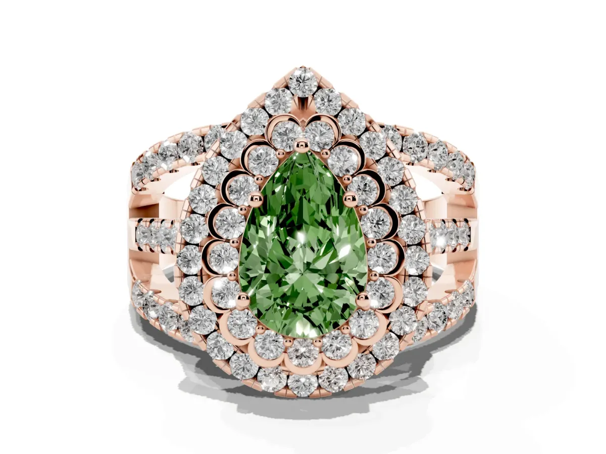 Fancy Green Pear Cut Diamond Double Halo Ring with Round Pavé Split Shank and Prong Setting Rose gold