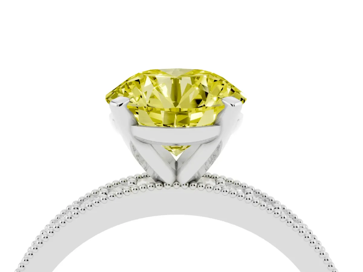 Fancy Yellow Round Cut Diamond Milgrain Pavé Engagement Ring with Four-Prong Setting Silver
