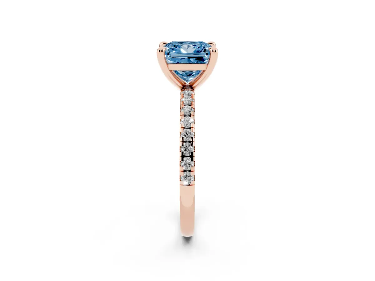 Fancy Blue Princess Cut Diamond Brilliant Solitaire Ring with Pavé Band and Four-Prong Setting Rose gold