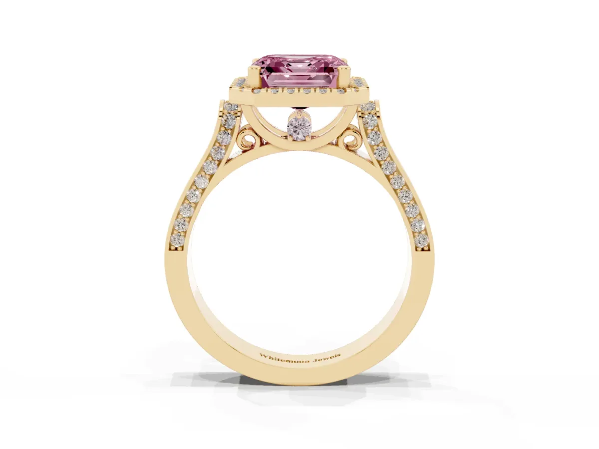 Fancy Pink Asscher Cut Halo Pave Split Shank Prong Setting Ring Yellow gold