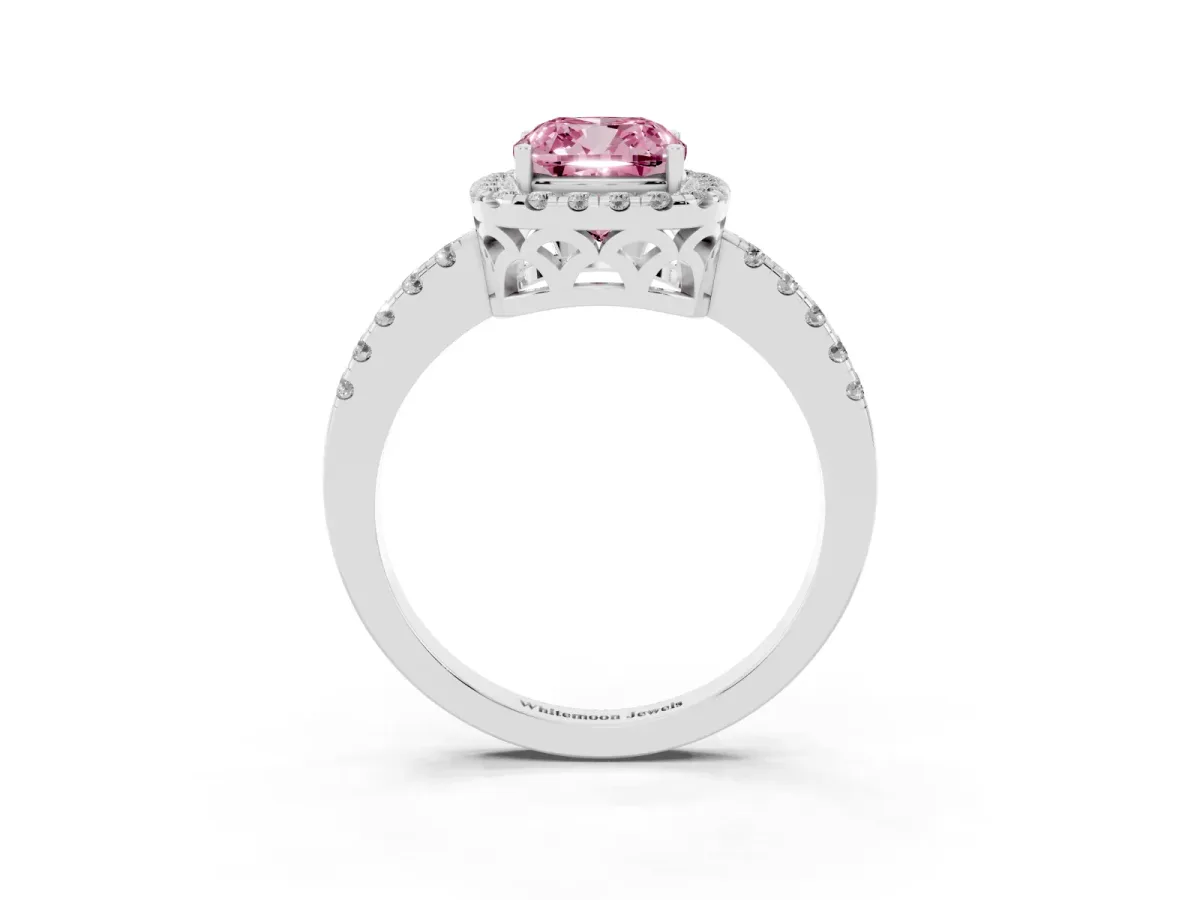 Fancy Pink Cushion Cut Halo Diamond Engagement Ring with Pavé Band and Four-Prong Setting Platinum