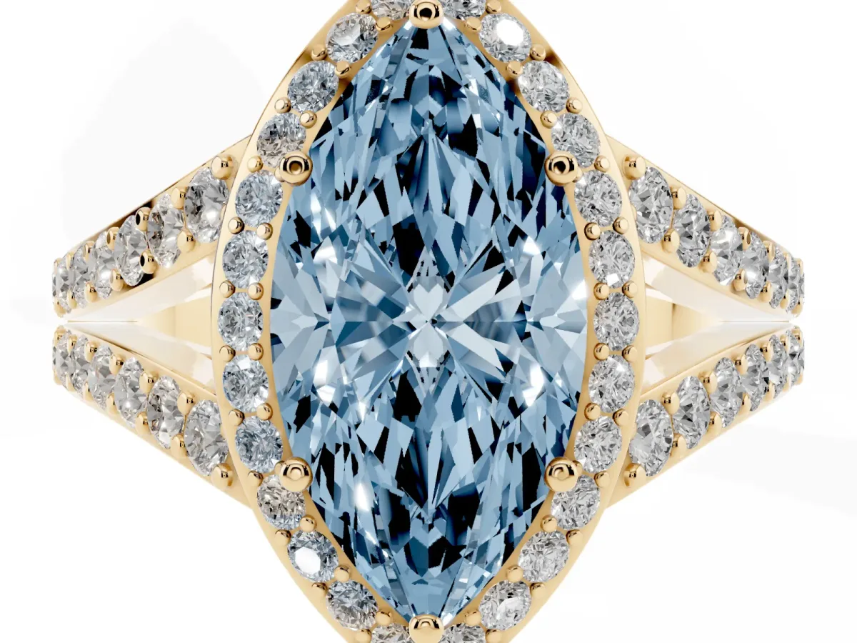Fancy Blue Marquise Cut Diamond Split Shank Halo Ring with Four-Prong Setting Yellow gold