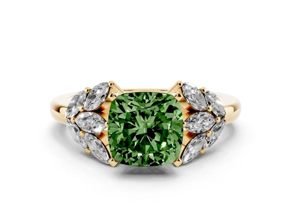 Fancy Green Cushion Cut Diamond Cluster Leaf Design Ring with Prong Setting Yellow gold