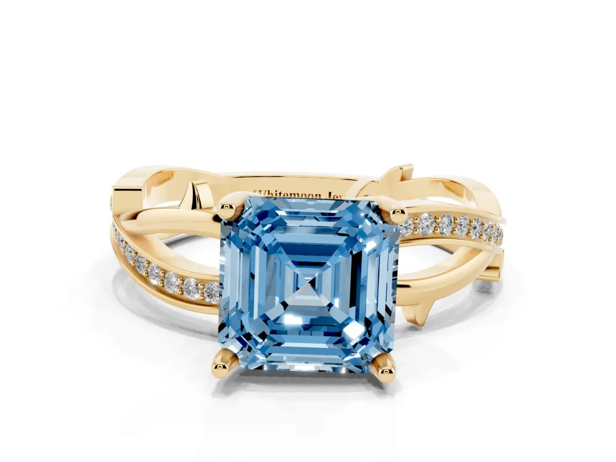 Fancy Blue Asscher Cut Solitaire Twist Band with Pavé Accents and Four-Prong Setting Yellow gold