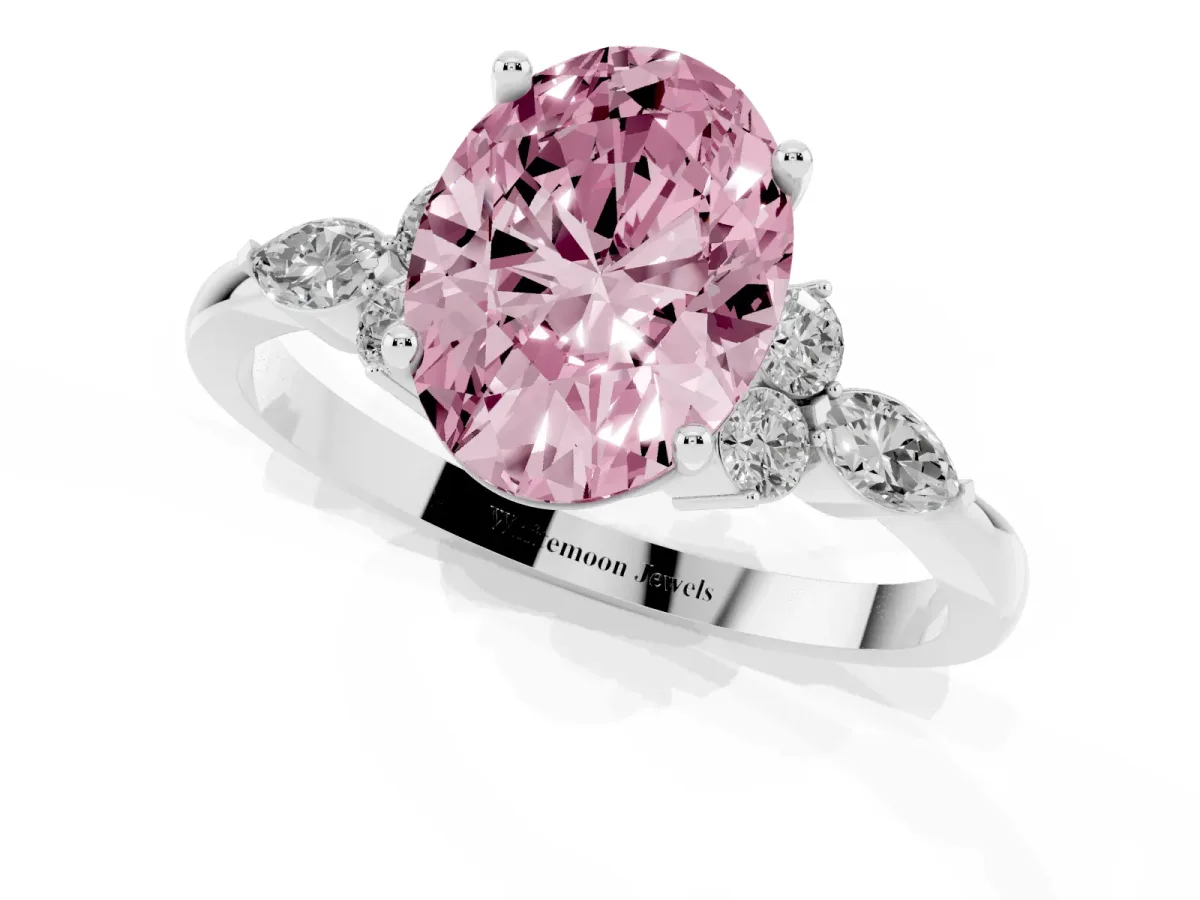 Fancy Pink Oval Cut Brilliant Diamond Solitaire Ring with Pear Side Stones and Four-Prong Setting Silver