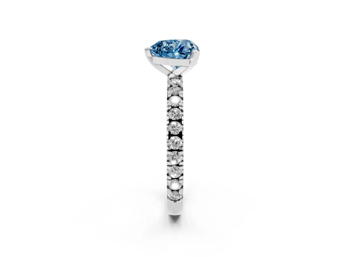 Fancy Blue Heart Cut Diamond Pavé Band Solitaire with Four-Prong Setting Silver