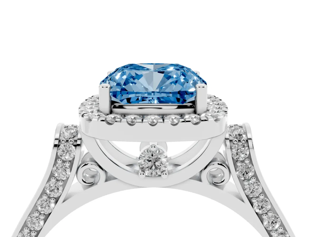 Fancy Blue Cushion Cut Halo Pave Split Shank Prong Setting Ring Silver