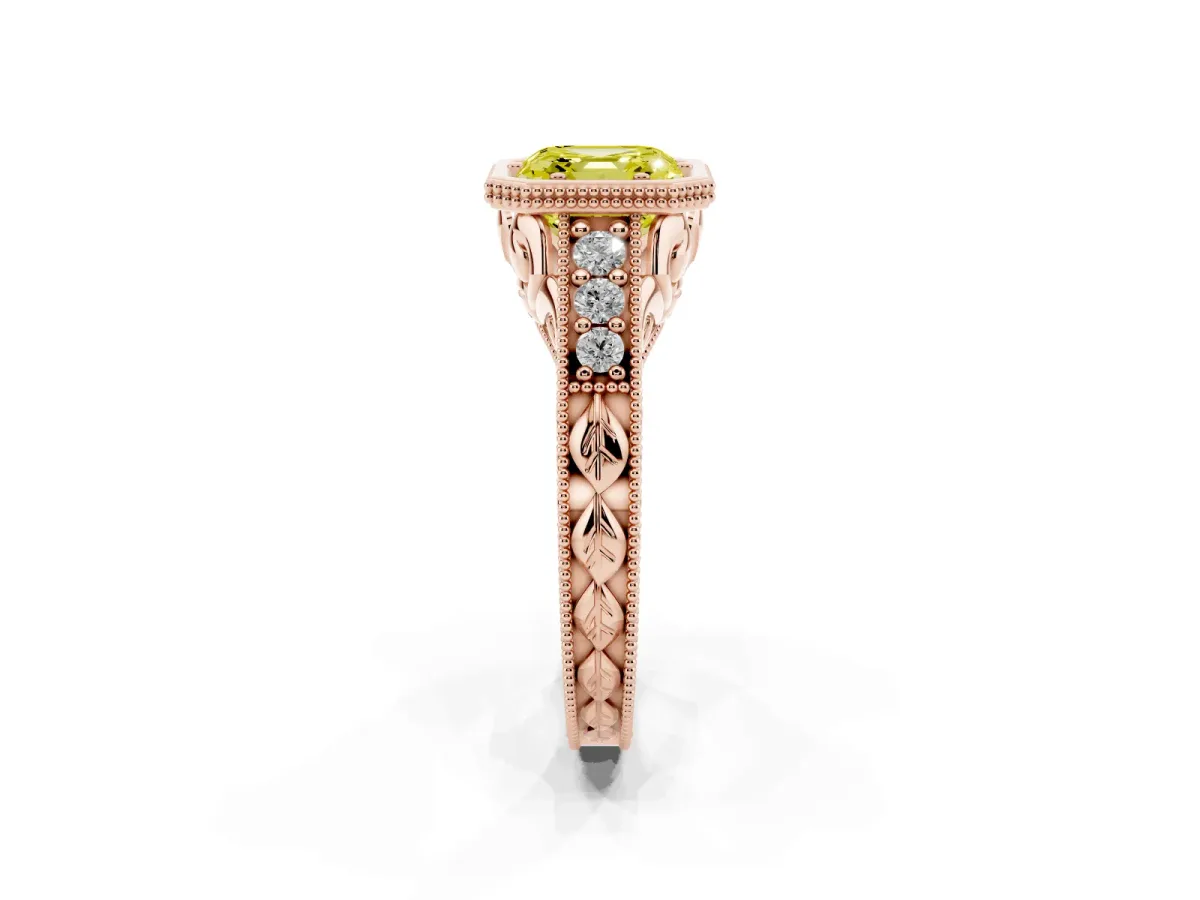Fancy Yellow Bezel Set Asscher Cut Diamond Milgrain Pave Engagement Ring Rose gold
