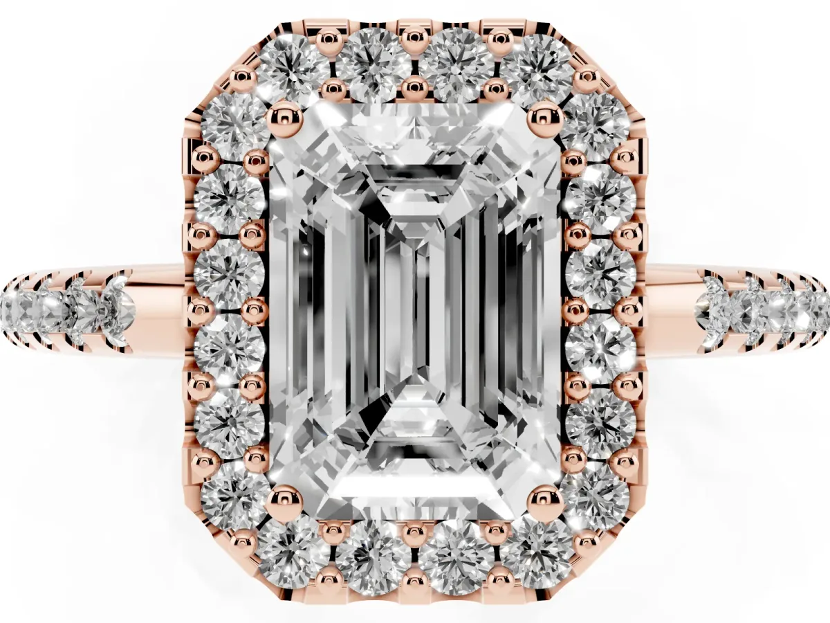 Emerald Cut Diamond Pavé Halo Ring with Four-Prong Setting Rose gold