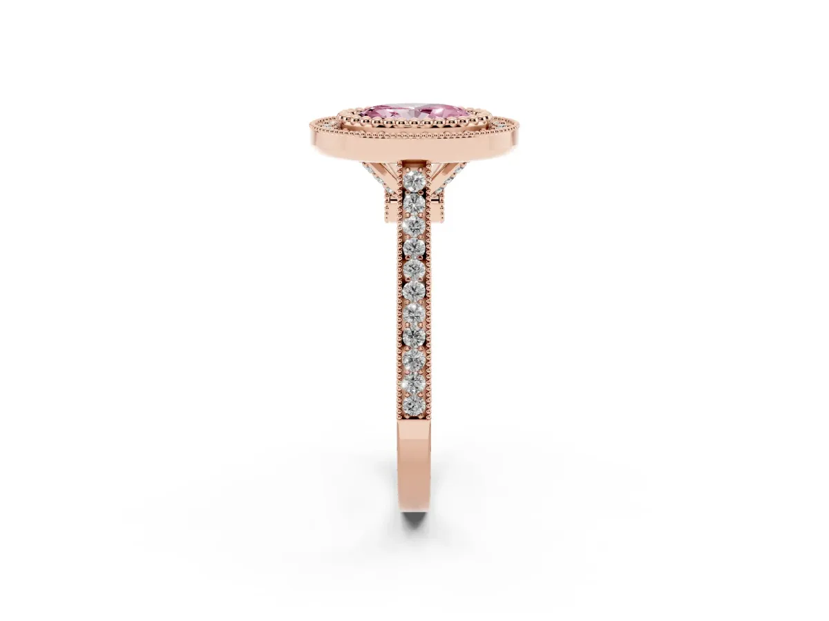 Fancy Pink Oval Cut Diamond Halo Ring with Milgrain Frame and Pavé Band Rose gold