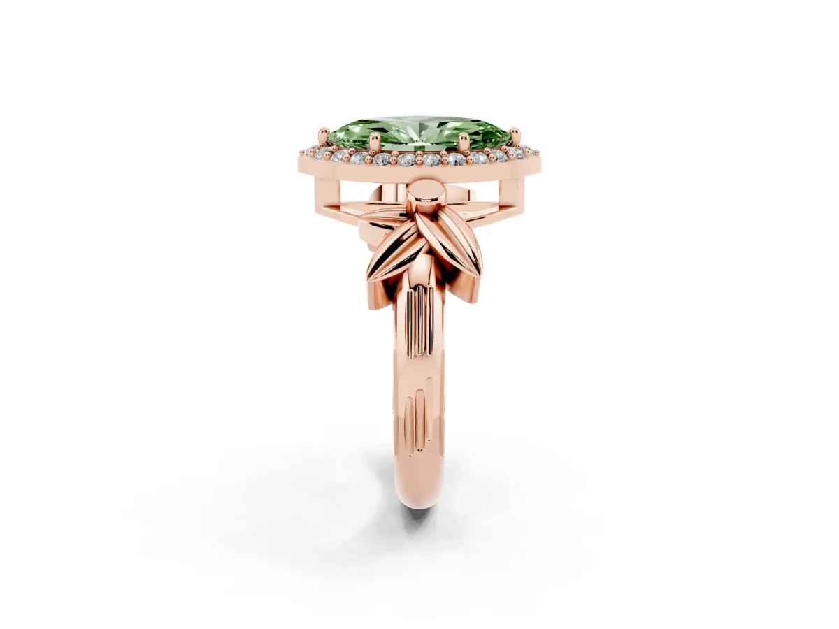 Fancy Green Marquise Cut Halo Diamond Floral Band with Four-Prong Setting Rose gold