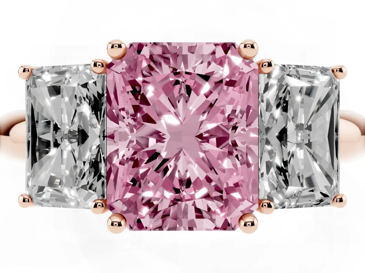 Fancy Pink Three-Stone Radiant Cut Cut Diamond Engagement Ring with Prong Setting on a White Gold Band Rose gold