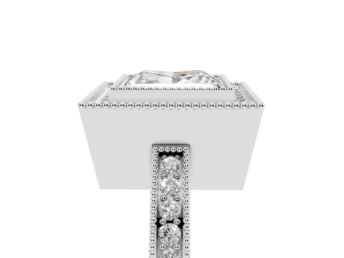 Princess Cut Cut Halo Diamond Ring with Pavé Band and Milgrain Prong Setting Silver