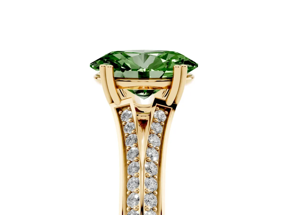 Fancy Green Oval Cut Diamond Split Shank Engagement Ring with Pavé Band Yellow gold