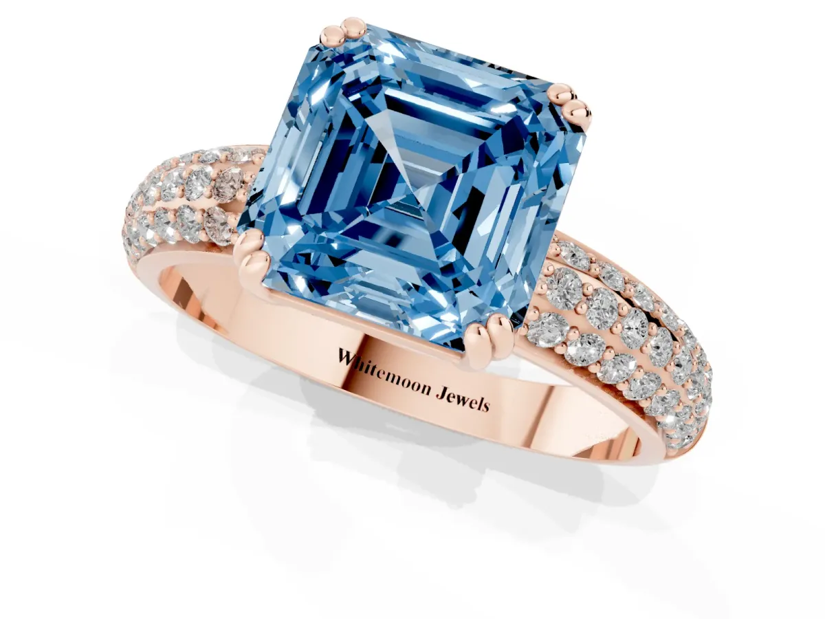 Fancy Blue Asscher Cut Diamond Solitaire Ring with Multi-Row Round Pavé Band and Prong Setting Rose gold