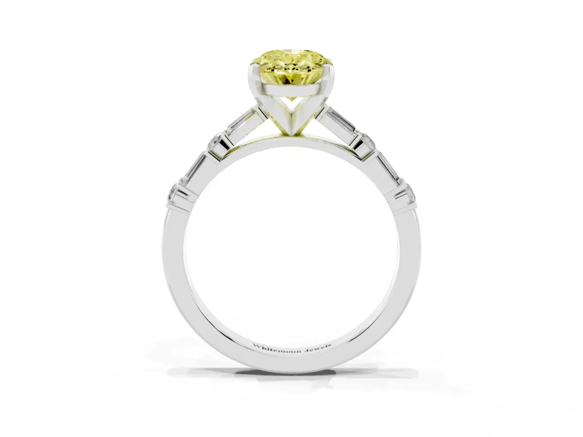 Fancy Yellow Oval Cut Diamond Solitaire with Side Baguettes and Channel Set Band White gold