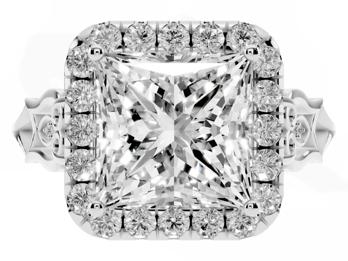 Princess Cut Halo Diamond Engagement Ring with Filigree Band and Four-Prong Setting Silver