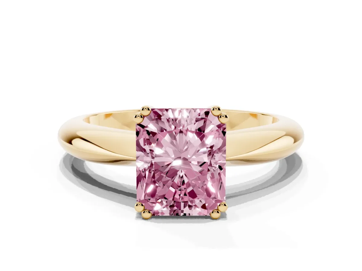 Fancy Pink Radiant Cut Cut Solitaire Engagement Ring with Tapered Band and Four-Prong Setting Yellow gold