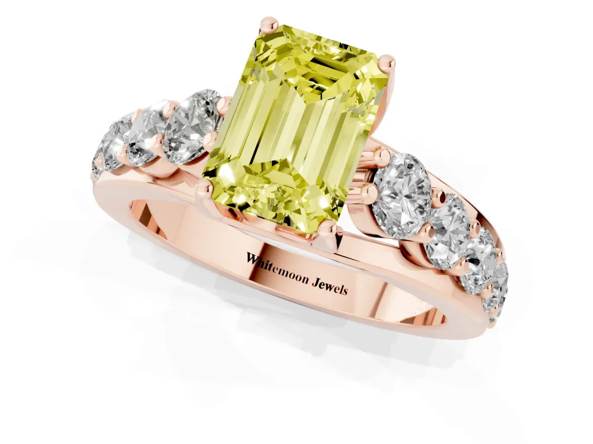 Fancy Yellow Emerald Cut Diamond Engagement Ring with Pavé Band and Four-Prong Setting Rose gold