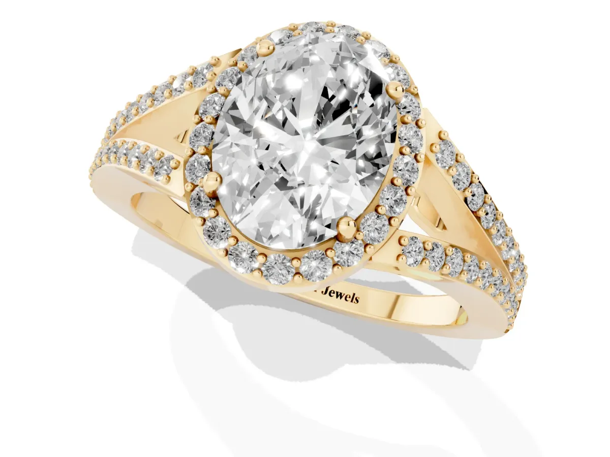 Oval Cut Halo Split Shank Pave Diamond Ring with Four-Prong Setting Yellow gold