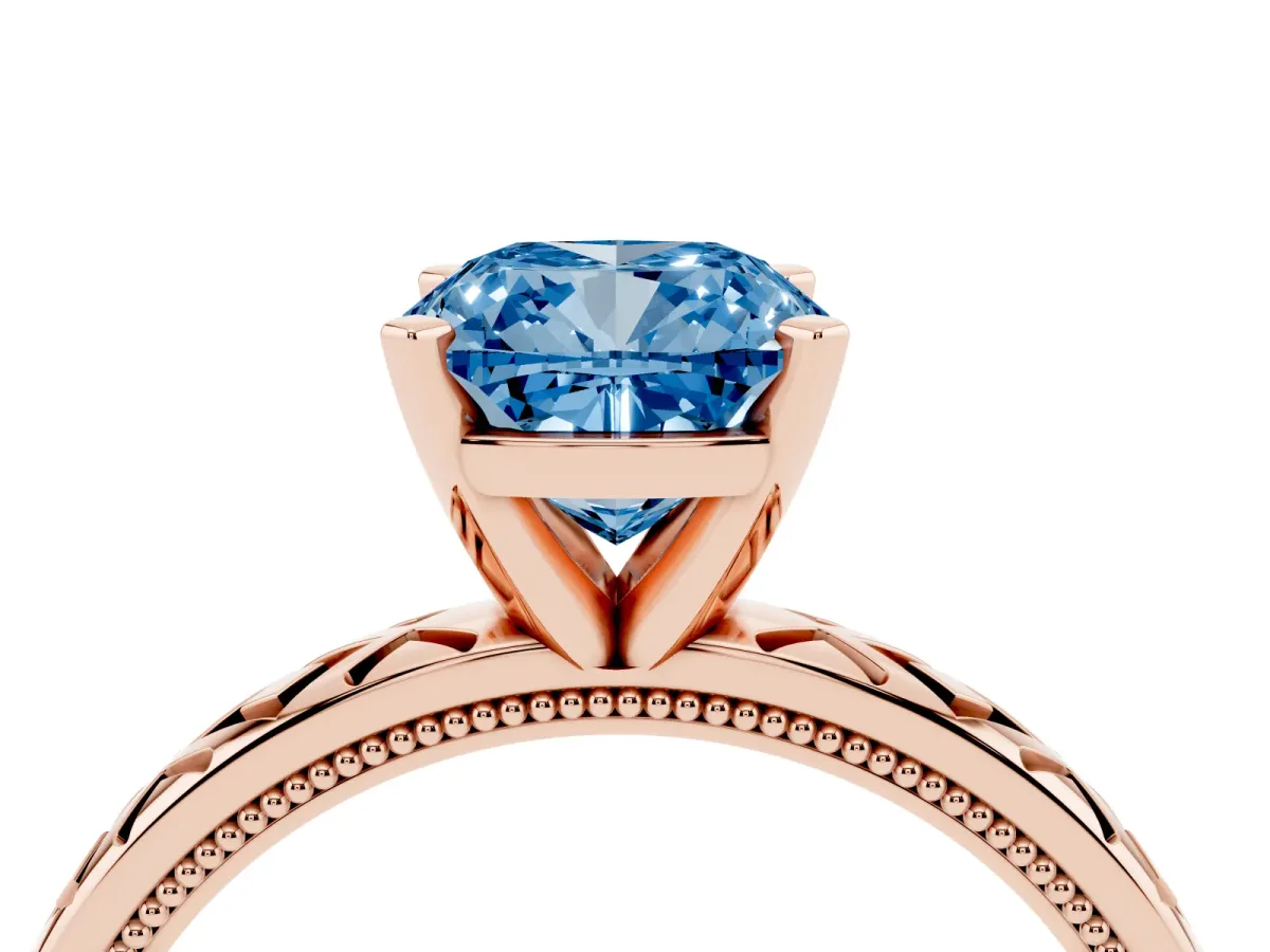 Fancy Blue Cushion Cut Solitaire Diamond Ring with Milgrain and Black Enamel X Pattern Band Rose gold