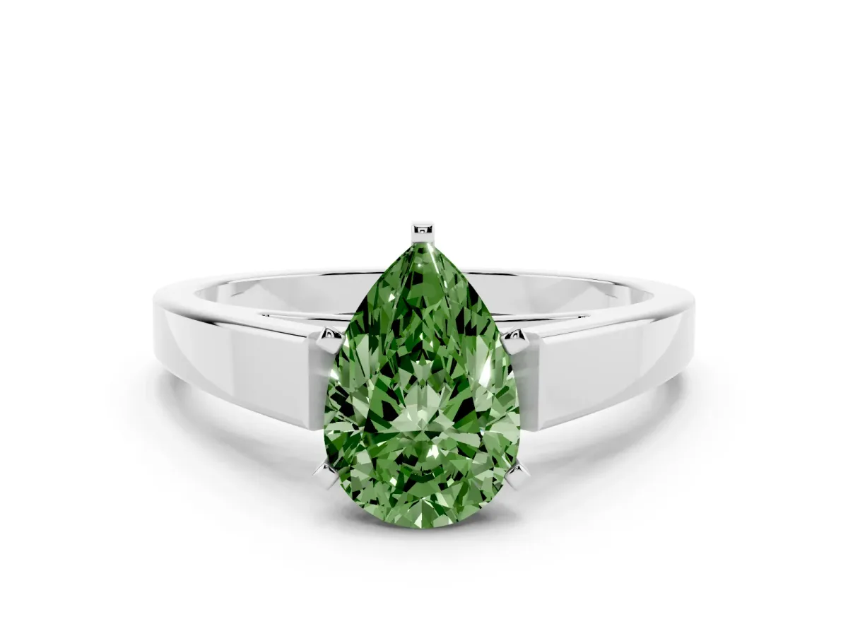 Fancy Green Pear Cut Solitaire Engagement Ring with Four-Prong Setting and Tapered Band Silver
