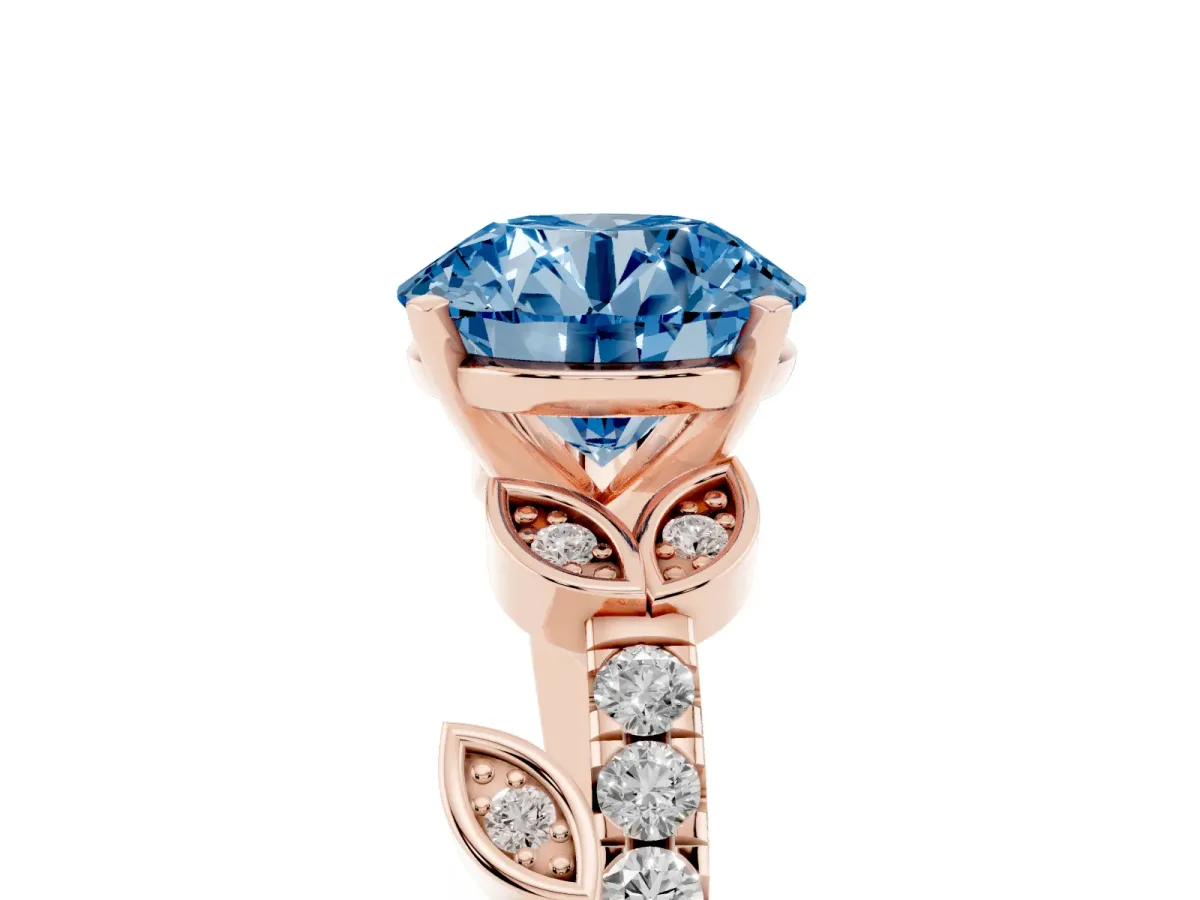 Fancy Blue Round Cut Solitaire Leaf-Inspired Diamond Ring with Pavé Band and Four-Prong Setting Rose gold