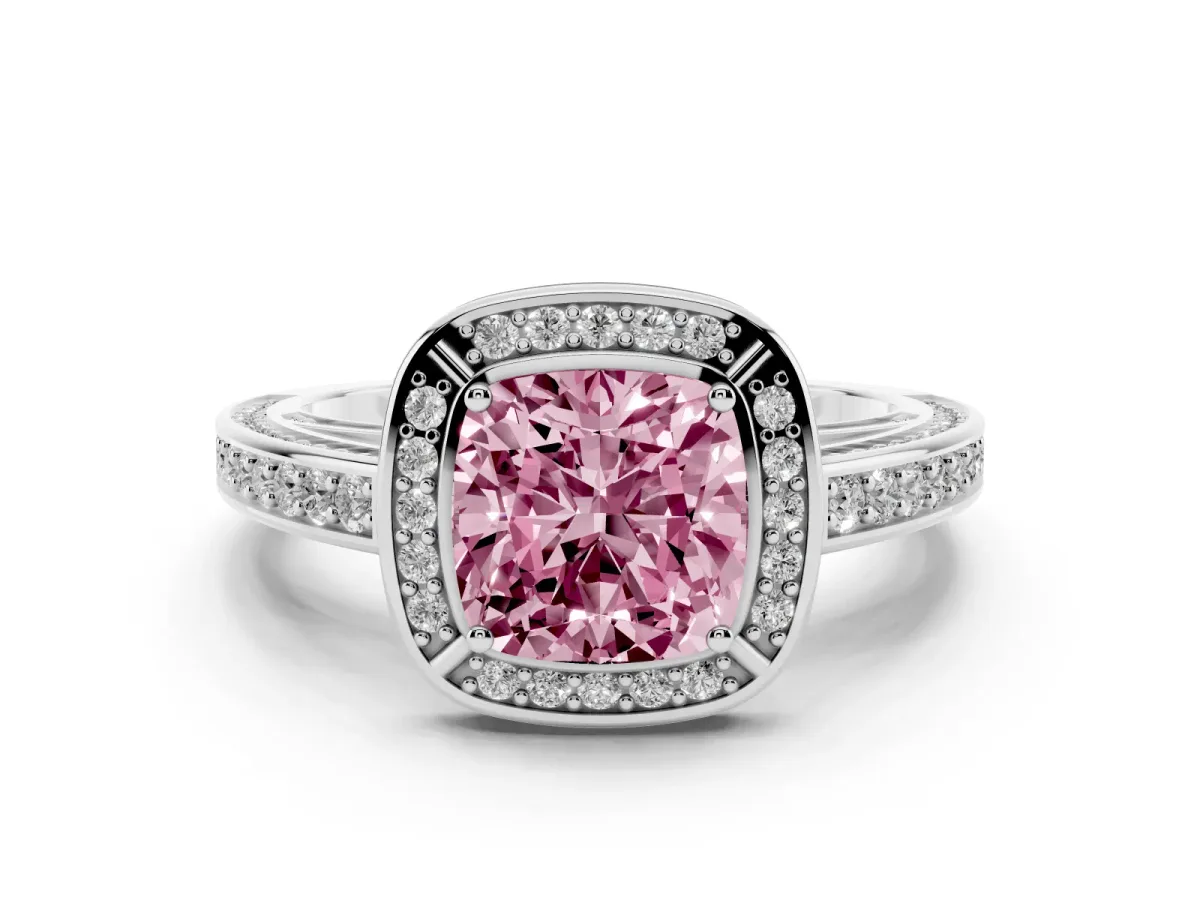 Fancy Pink Cushion Cut Cut Halo Pave Split Shank Prong Setting Ring Platinum