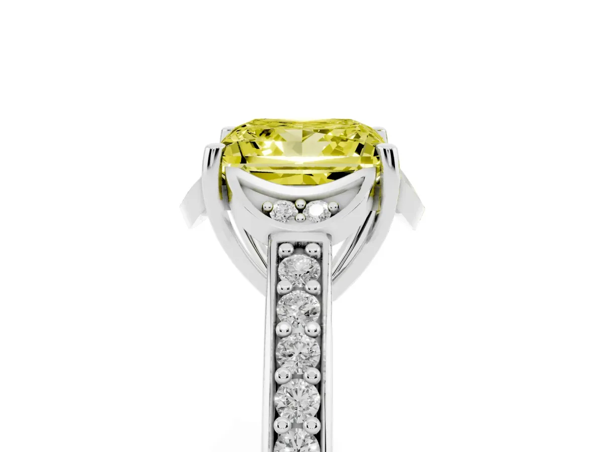 Fancy Yellow Princess Cut Cut Halo Diamond Ring with Channel Set Band and Four-Prong Setting White gold