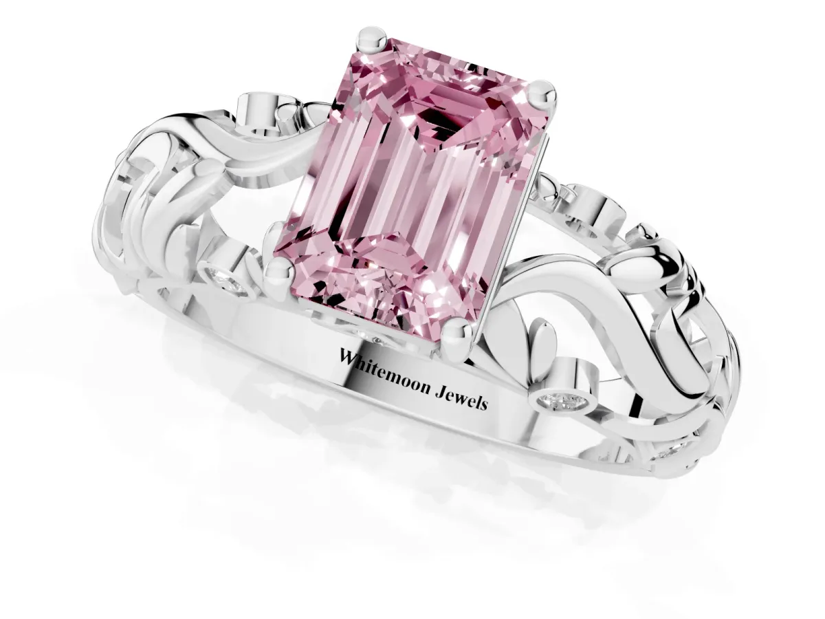 Fancy Pink Emerald Cut Solitaire Diamond Leaf-Inspired Vine Band Ring with Prong Setting Platinum