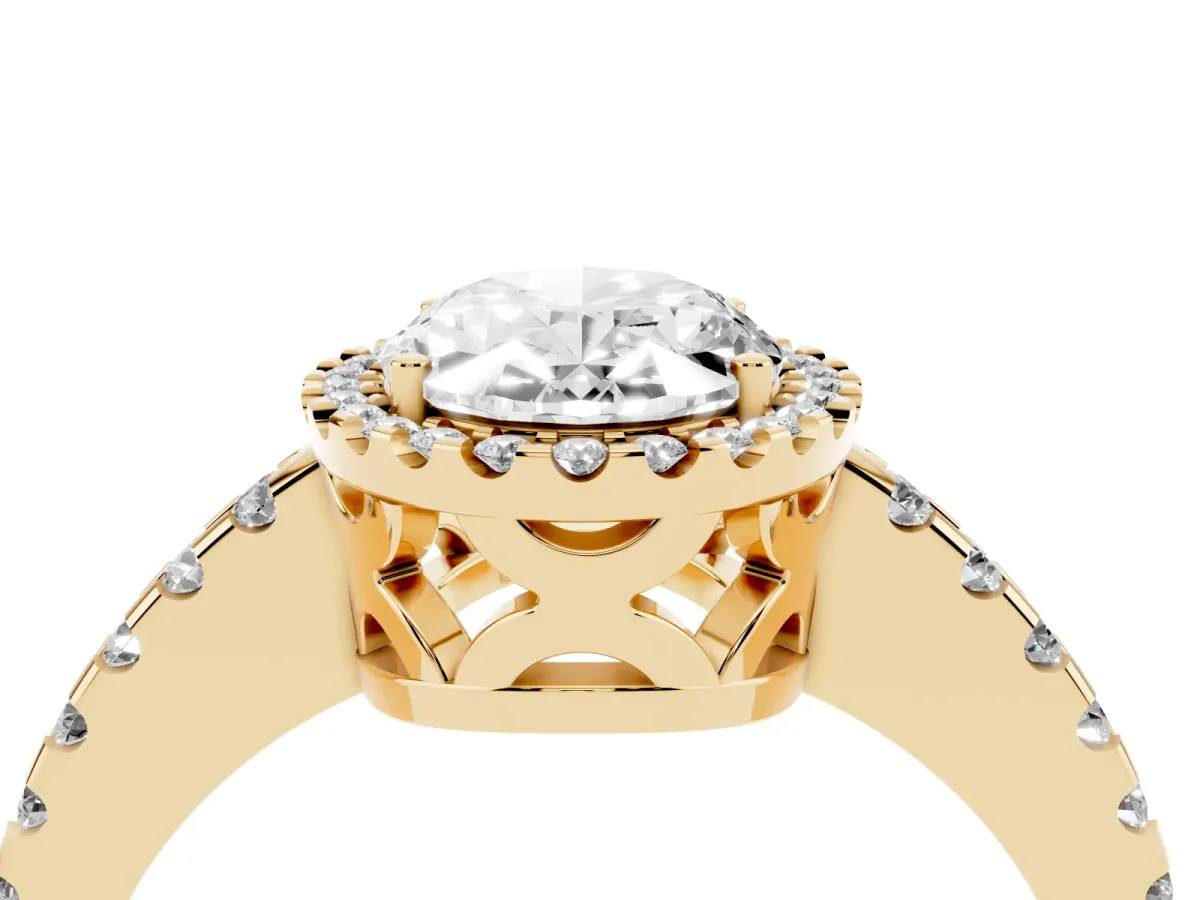 Oval Cut Diamond Halo Engagement Ring with Pavé Band and Prong Setting Yellow gold