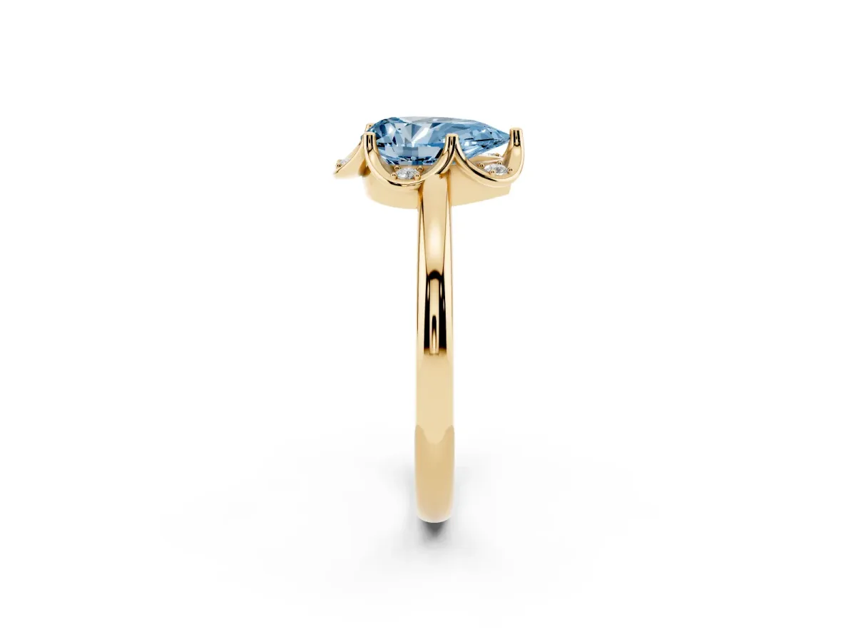 Fancy Blue Pear Cut Halo Diamond Ring with Round Cluster Setting, Solitaire Band, and Four-Prong Setting Yellow gold