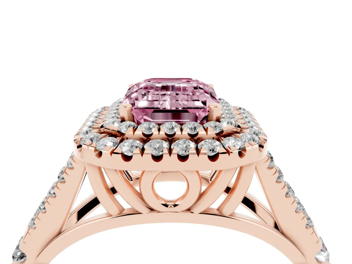Fancy Pink Emerald Cut Diamond Pavé Split Shank Double Halo Engagement Ring Rose gold