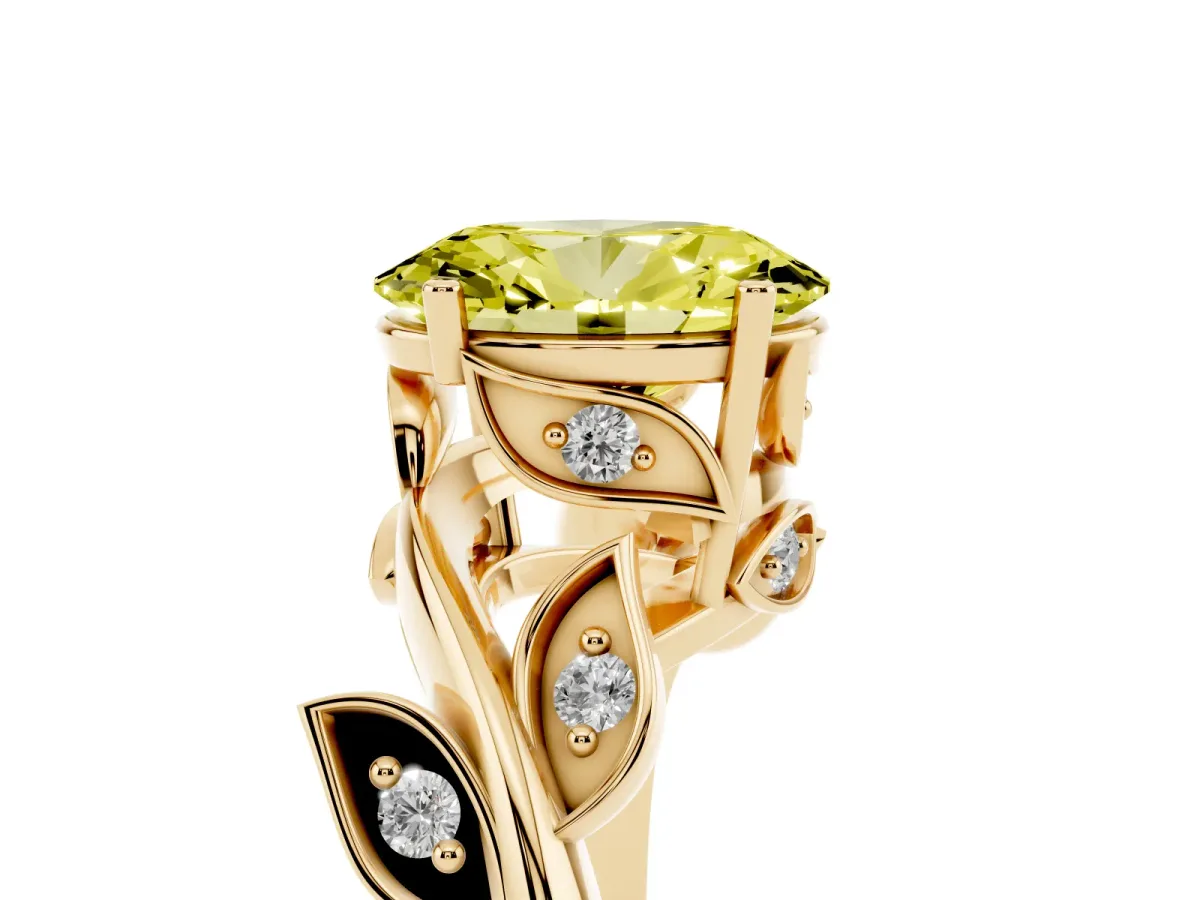 Fancy Yellow Oval Cut Solitaire Twist Engagement Ring with Leaf Accents and Prong Setting Yellow gold