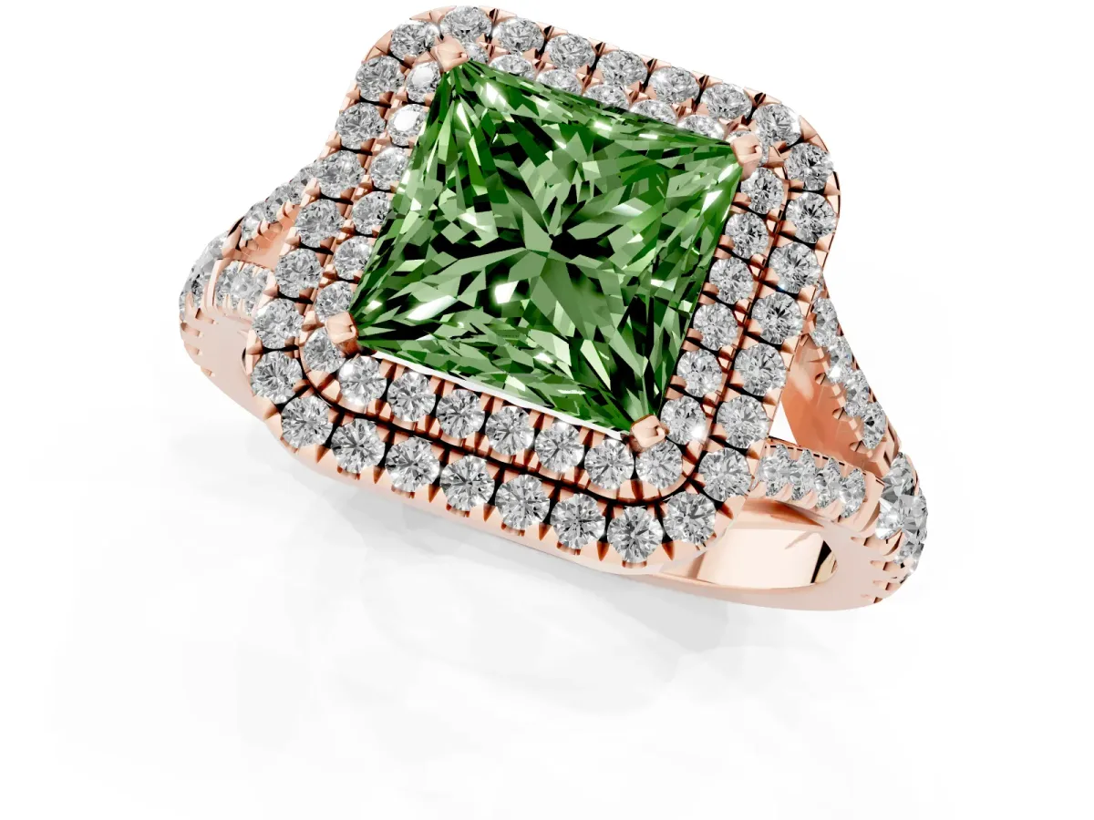 Fancy Green Princess Cut Cut Double Halo Split Shank Diamond Ring with Prong Setting Rose gold