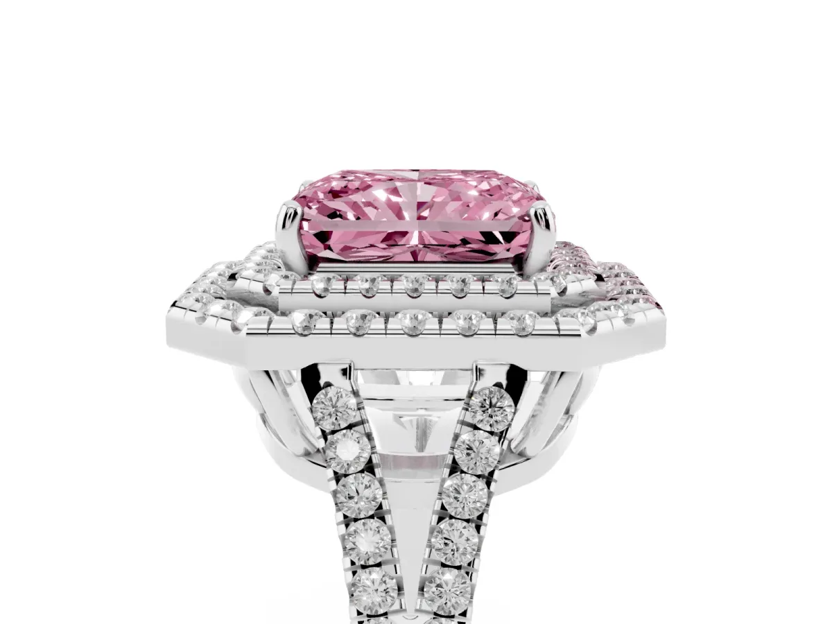 Fancy Pink Radiant Cut Diamond Double Halo Ring with Pavé Band and Prong Setting Silver