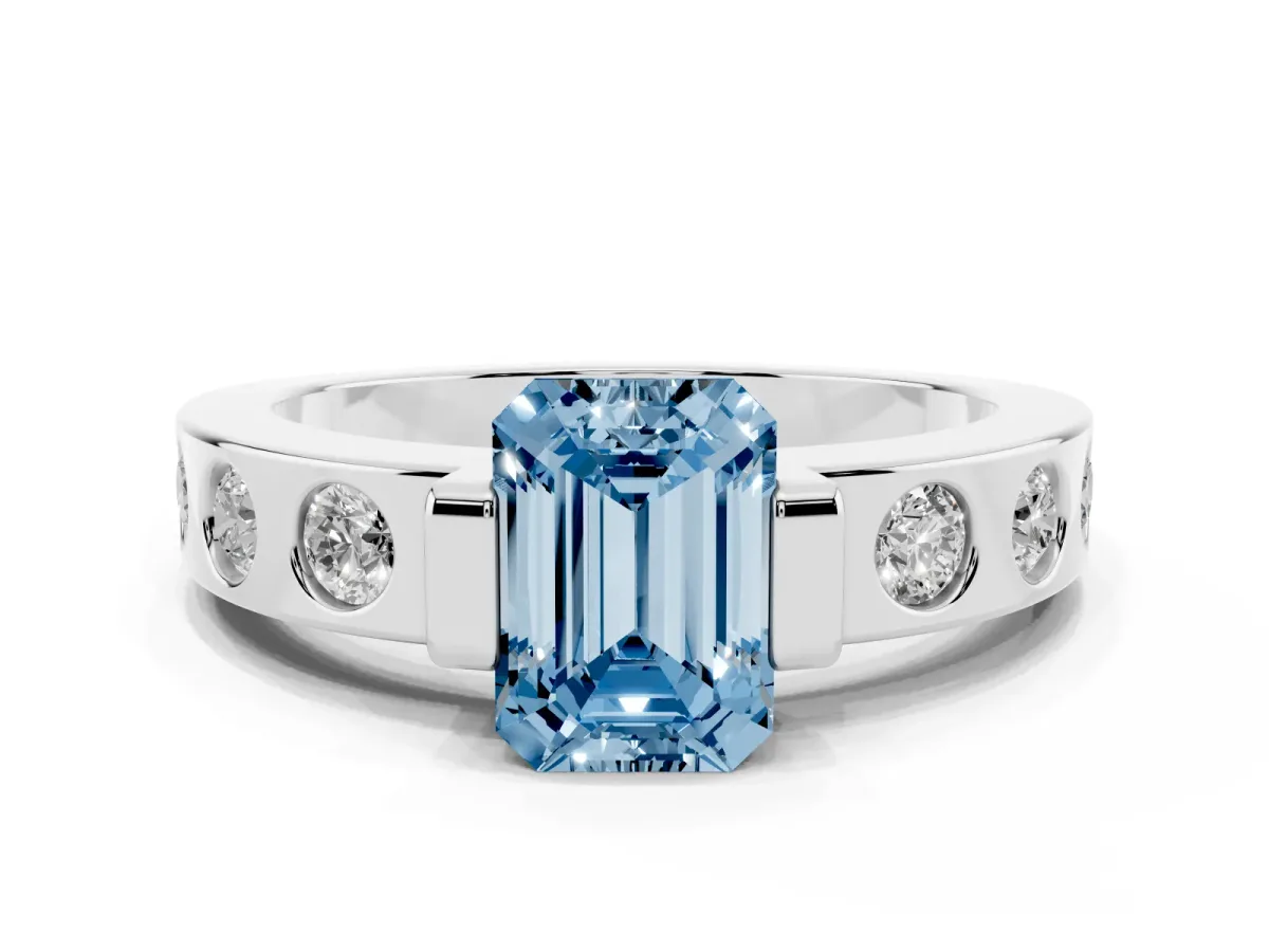 Fancy Blue Emerald Cut Brilliant Channel-Set Diamond Ring with Bezel Prong Setting Silver