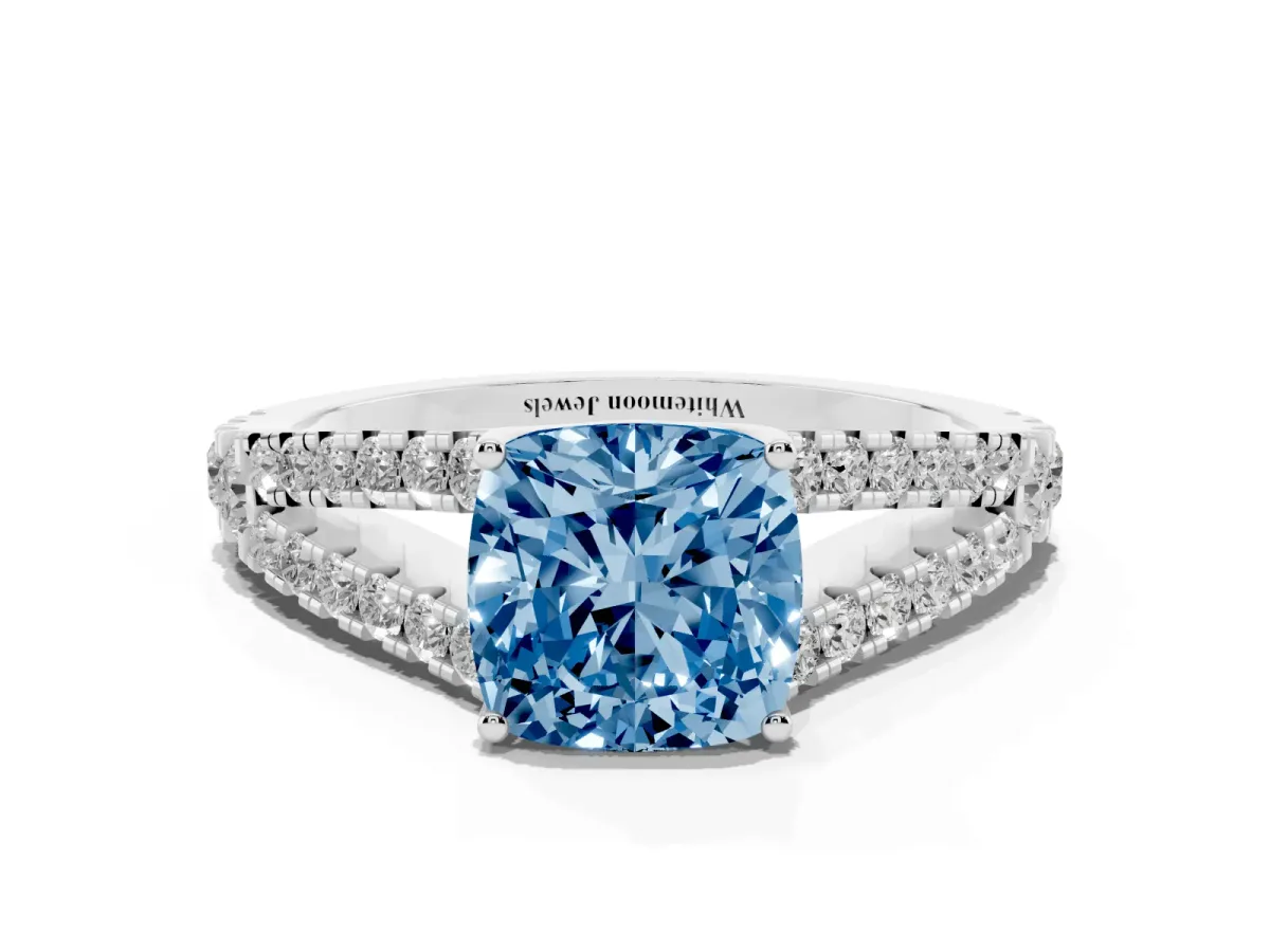 Fancy Blue Cushion Cut Diamond Split Shank Pavé Engagement Ring with Four-Prong Setting Platinum