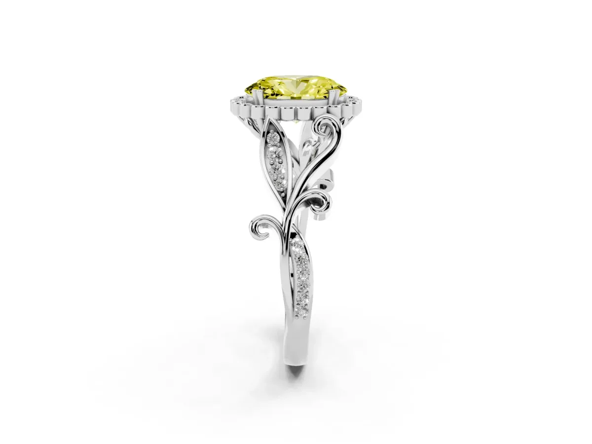 Fancy Yellow Oval Cut Diamond Halo Ring with Vintage Split Shank and Four-Prong Setting Silver