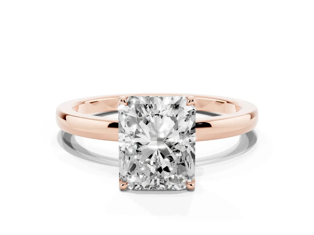 Radiant Cut Diamond Solitaire Ring with Thin Band and Prong Setting Rose gold