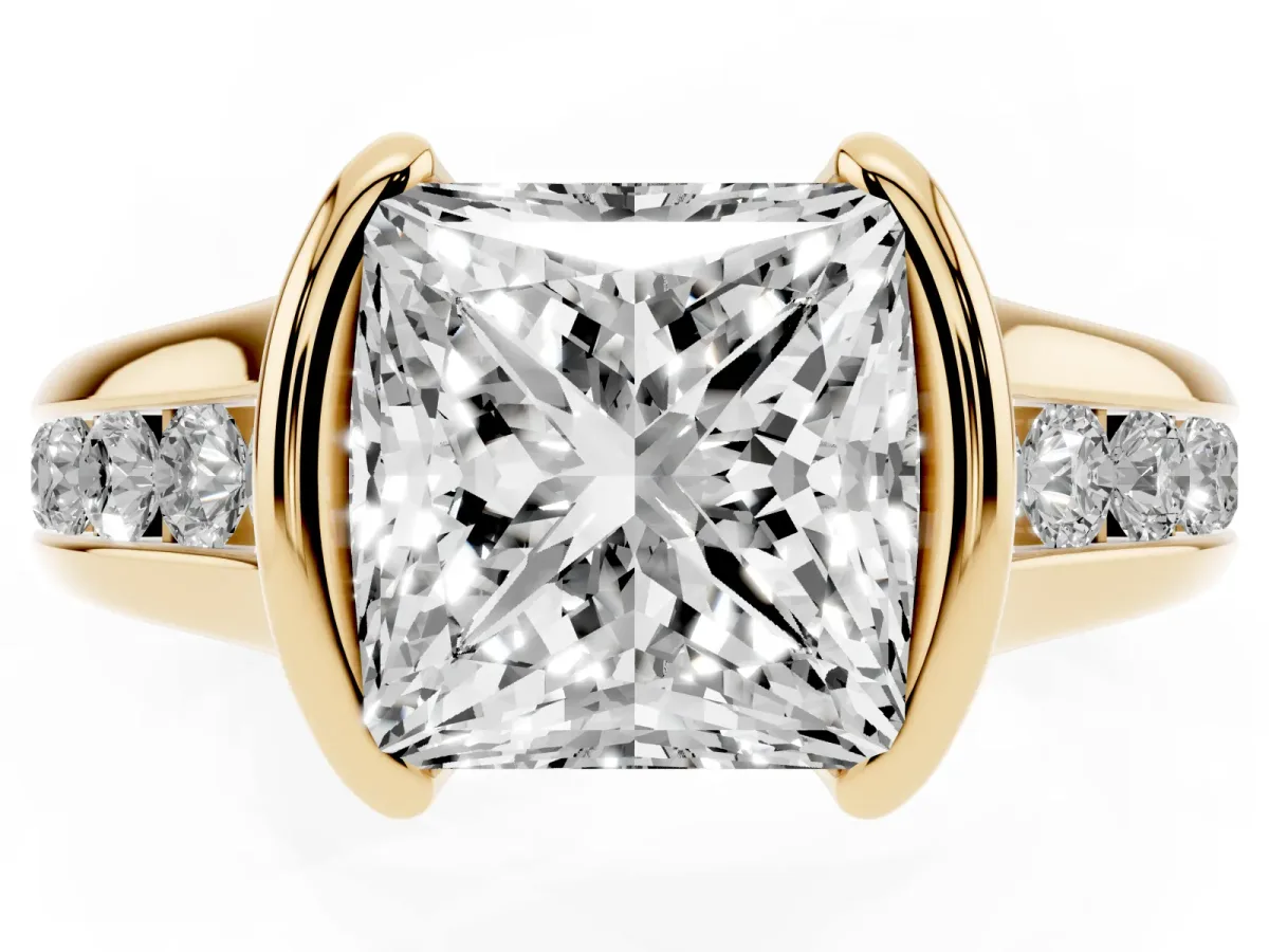 Princess Cut Solitaire Bezel-Set Diamond Ring with Channel-Set Band Yellow gold