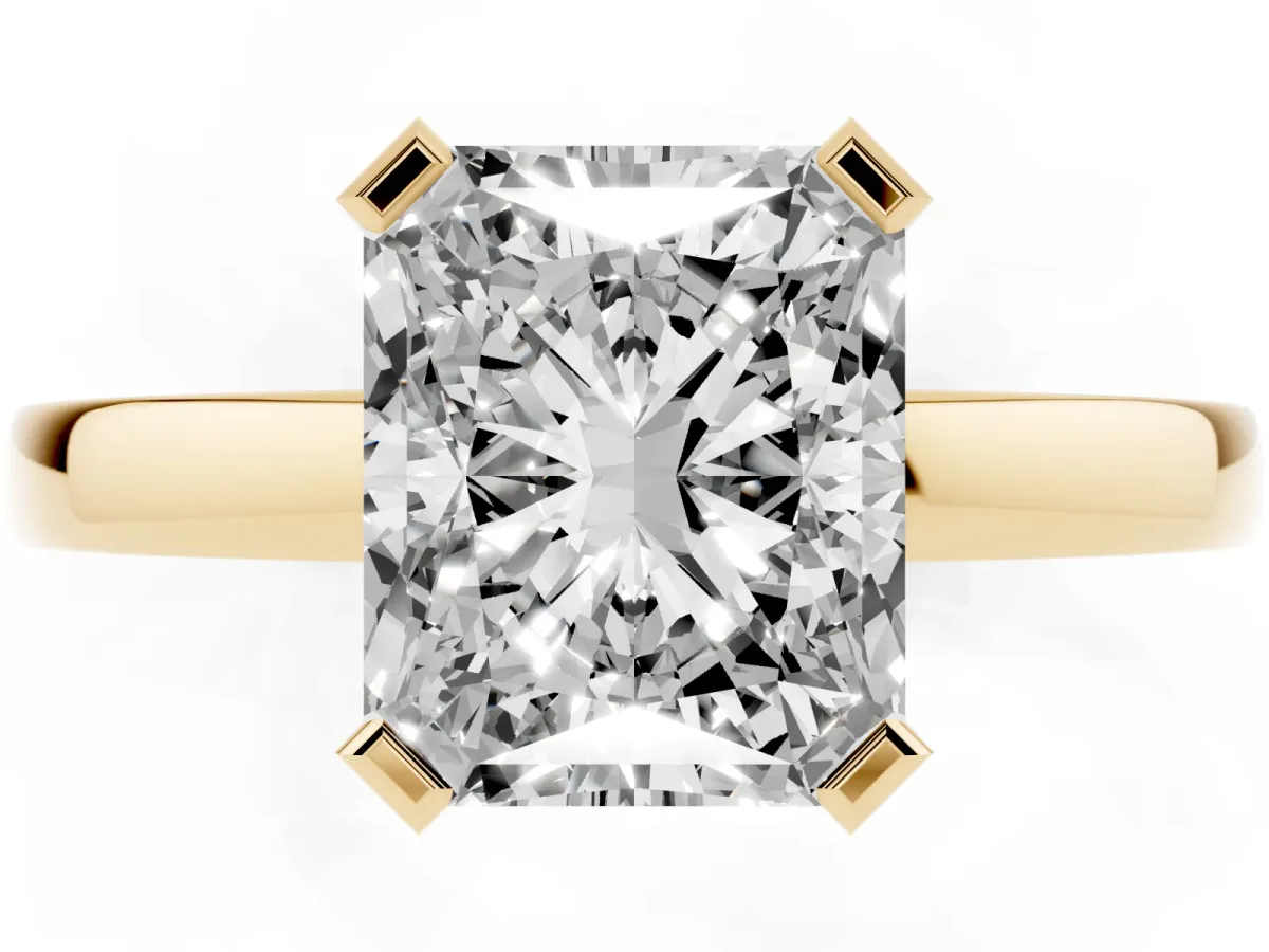 Radiant Cut Cut Solitaire Ring with Four-Prong Setting and Classic Band Yellow gold