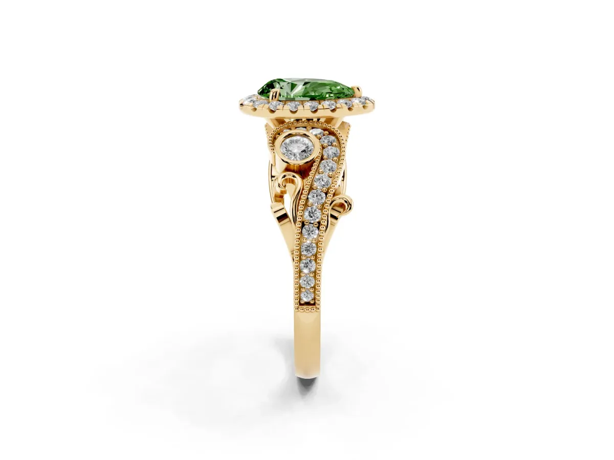 Fancy Green Pear Cut Halo Diamond Ring with Milgrain and Bezel Accents on a Split Shank Band Yellow gold