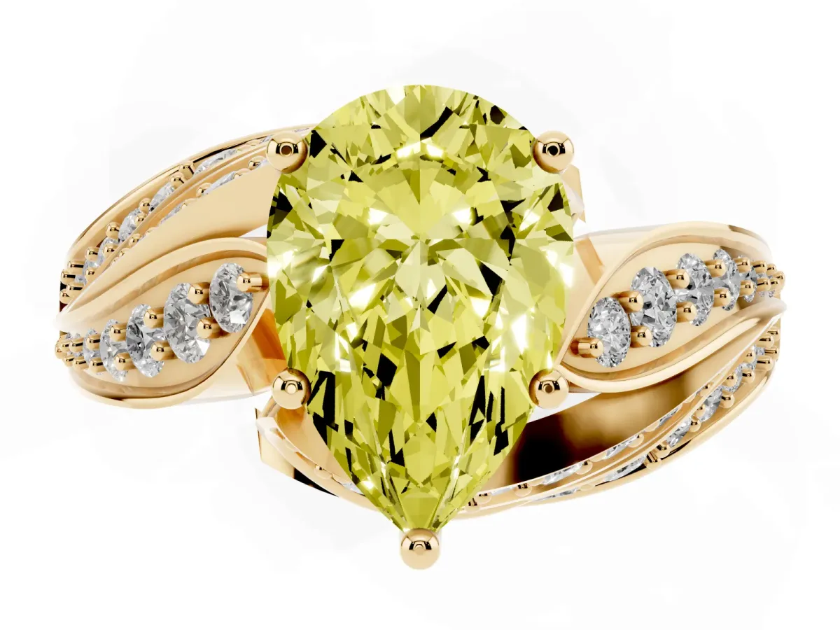 Fancy Yellow Pear Cut Diamond Solitaire Ring with Prong Setting and Twisted Pavé Band Yellow gold