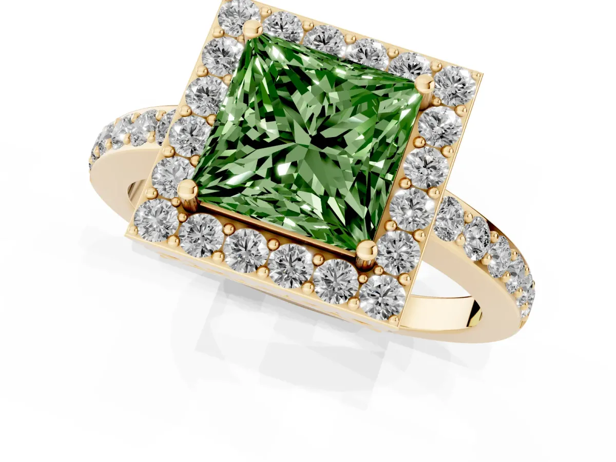 Fancy Green Princess Cut Halo Diamond Pavé Band Ring with Prong Setting Yellow gold