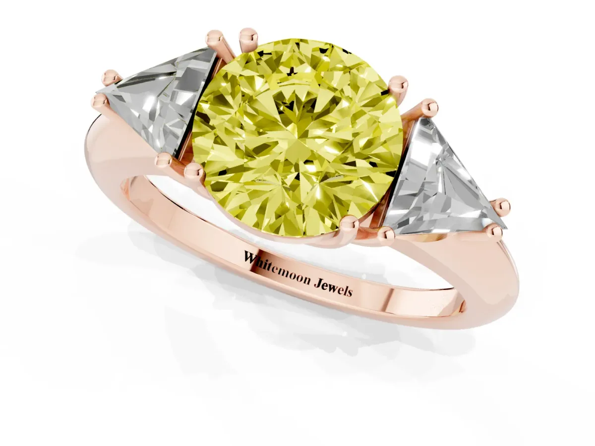 Fancy Yellow Three-Stone Round Cut Diamond Engagement Ring with Trillion Side Stones and Prong Setting Rose gold
