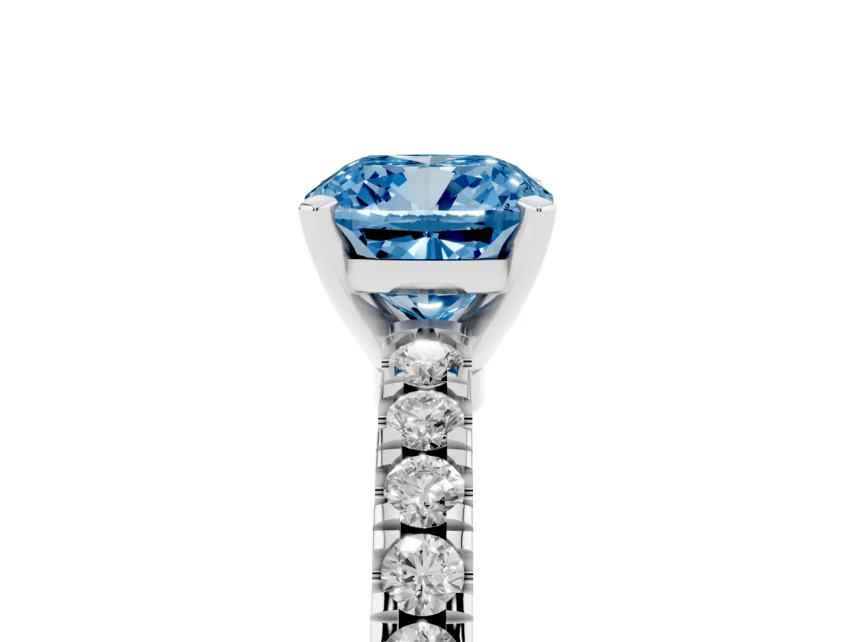 Fancy Blue Cushion Cut Solitaire Diamond with Pavé Band and Four-Prong Setting Silver