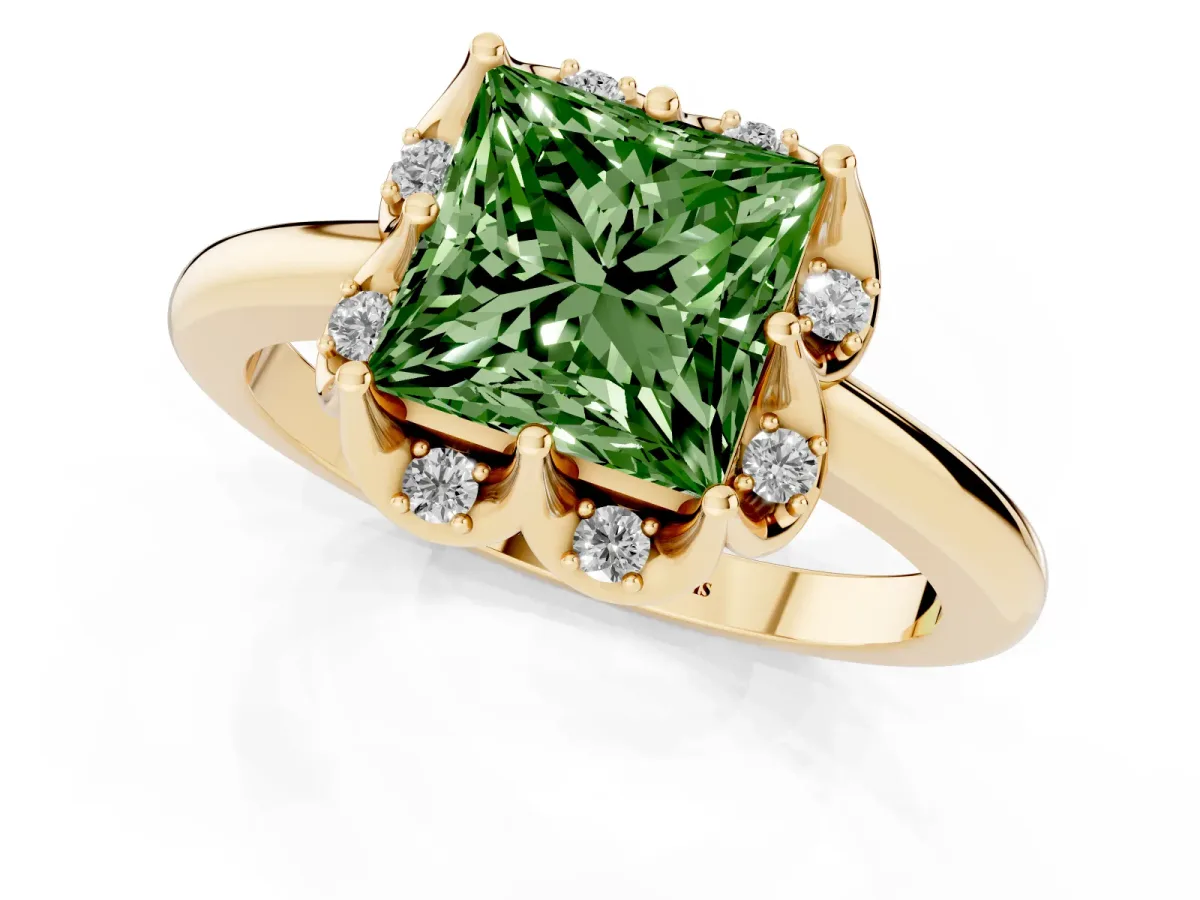 Fancy Green Princess Cut Halo Diamond Ring with Round Cluster Setting, Solitaire Band, and Four-Prong Setting Yellow gold