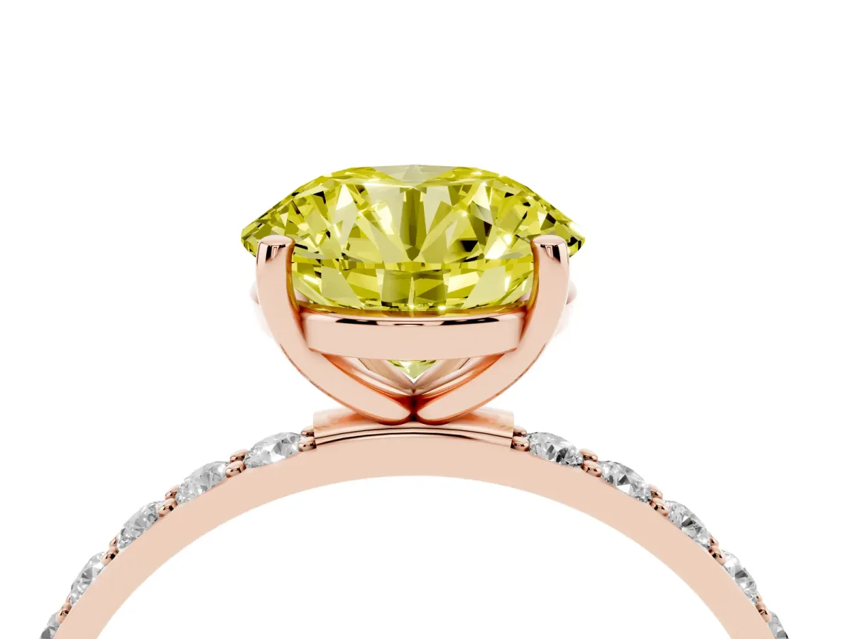 Fancy Yellow Round Cut Diamond Solitaire Ring with Round Pavé Shoulders and Prong Setting Rose gold