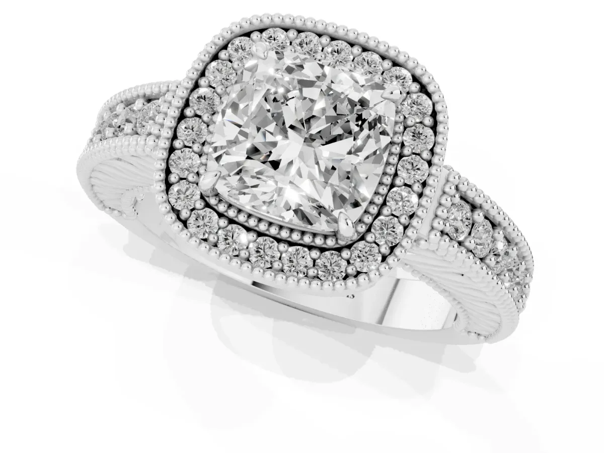 Cushion Cut Cut Halo Diamond Ring with Pavé Band and Four-Prong Setting Silver